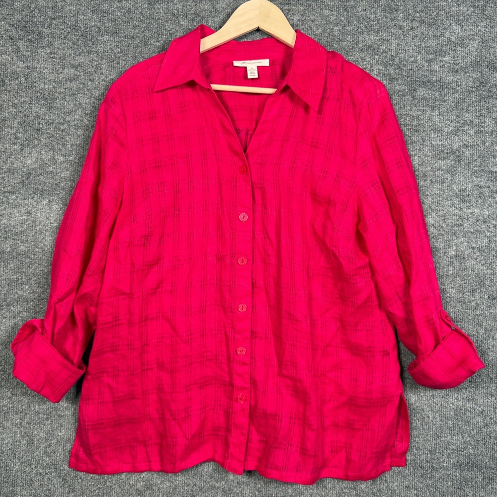 JM Collection Size 14‎ Shirt Blouse Bright Pink Linen Button Up Roll Tab Sleeves